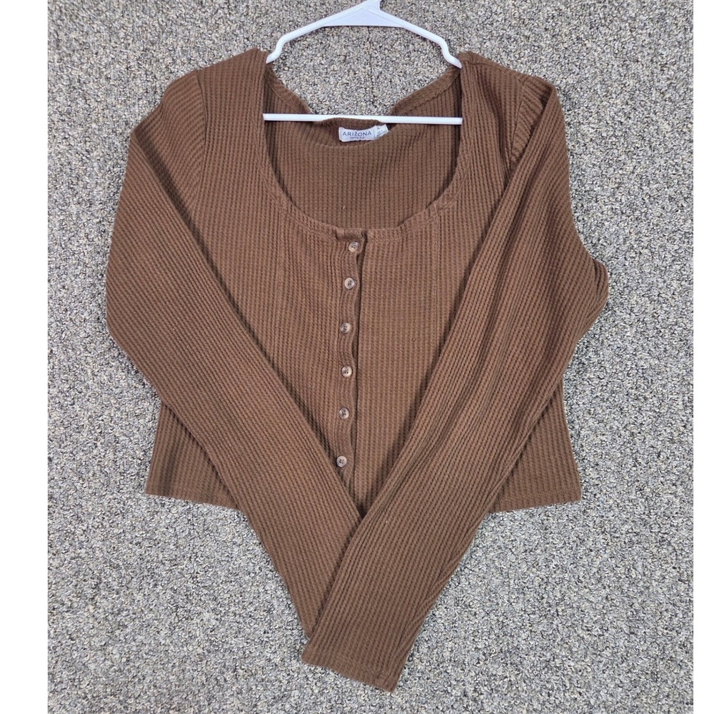 Arizona Jean Co Cardigan Crop Top Women XL Brown Waffle Knit Button Front